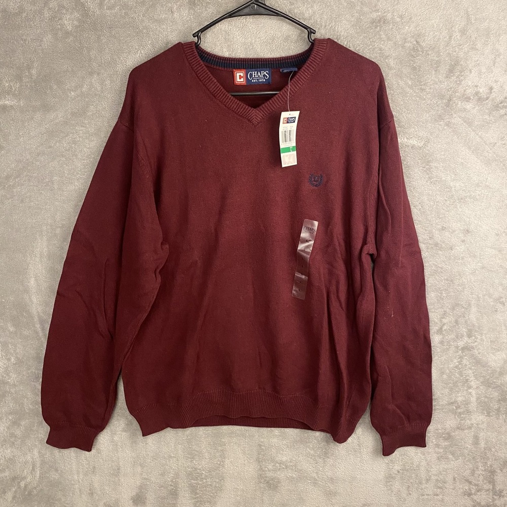 Chaps Men's Large V-Neck Sweater Red Wool Blend New